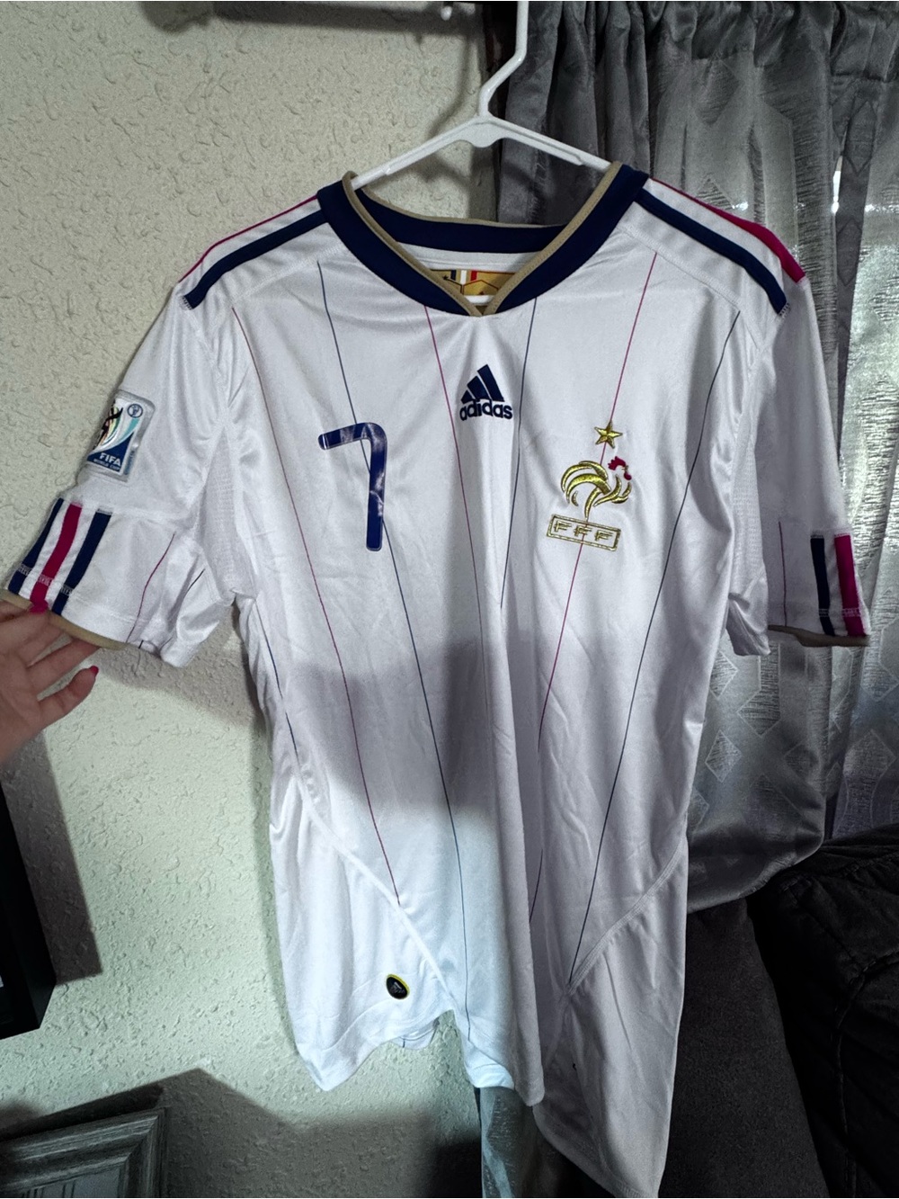 adidas White France Football Jersey with Navy & Pink Accents - #7